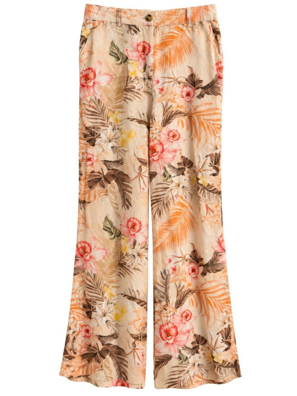 Wide Legs Dreamy Tropical Coral Hibiscus, Orchids, and Palm Fonds Pants